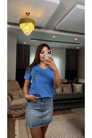 kaktüs işlemeli tişört-mavi