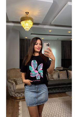 yaprak baskılı oversize tişört-siyah