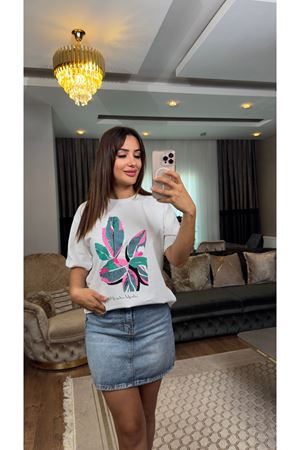 yaprak baskılı oversize tişört-beyaz