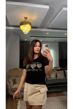 leopar taş işlemeli tişört-siyah