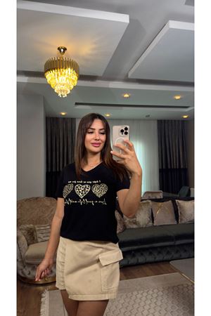 leopar taş işlemeli tişört-siyah