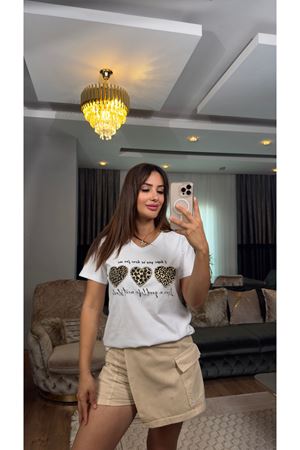 leopar taş işlemeli tişört-beyaz