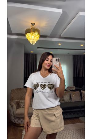 leopar taş işlemeli tişört-beyaz