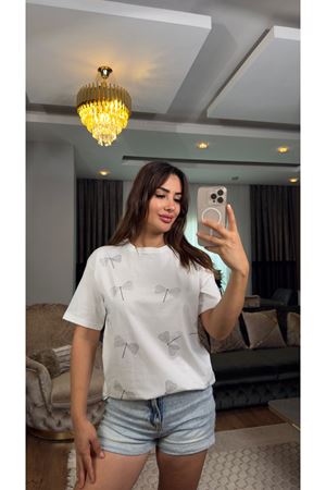 TAŞLI KELEBEK DESENLİ TSHIRT- BEYAZ 
