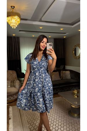 kruvaze desenli elbise-maviekru