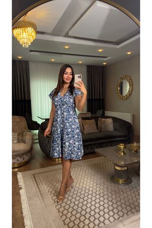 kruvaze desenli elbise-maviekru