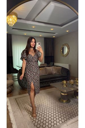 öpücük yaka viskon elbise- çıtır çiçekli