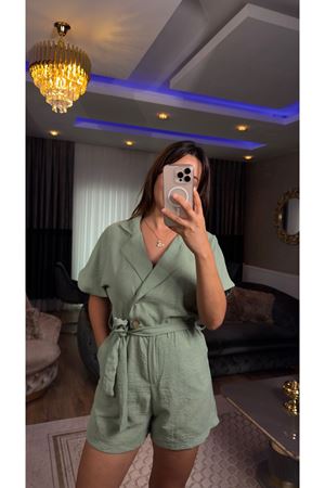 gömlek yaka kısa keten tulum-mint