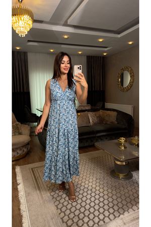 çiçekli v yaka sıfır kol elbise-mavi