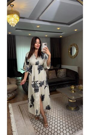 desenli midi boy viskon elbise-antrasit bej