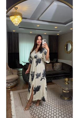 desenli midi boy viskon elbise-antrasit bej