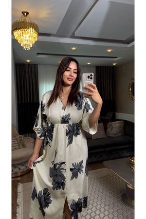 desenli midi boy viskon elbise-antrasit bej