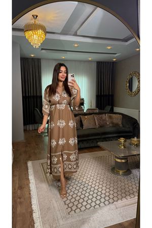 desenli midi boy viskon elbise-vizonbej