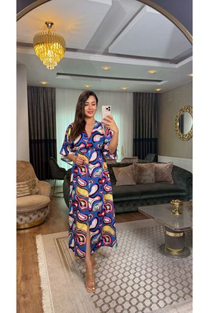 desenli midi boy viskon elbise-mavi