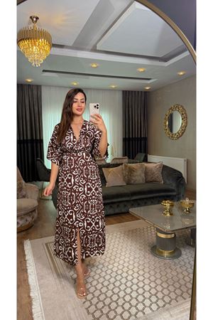 desenli midi boy viskon elbise-acıkahveekru