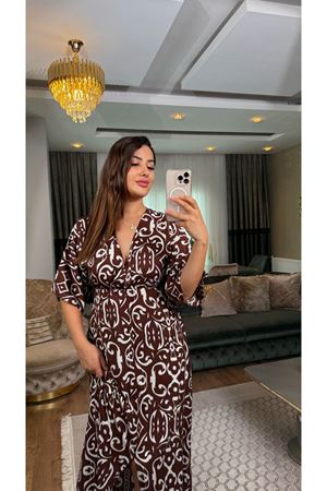 desenli midi boy viskon elbise-acıkahveekru