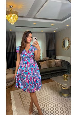 kruvaze desenli elbise-mavifuşya