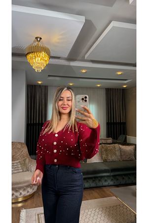 İnci Detaylı Hırka Bordo