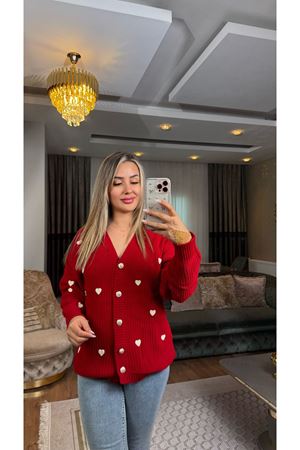 Nakışlı Kalpli Hırka Kırmızılatte