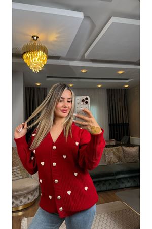 Nakışlı Kalpli Hırka Kırmızılatte