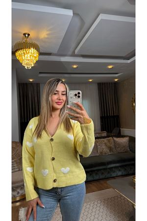 Şardonlu Kalp Desenli Hırka Tereyağsarı