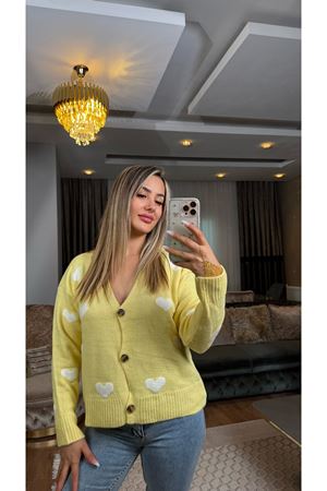 Şardonlu Kalp Desenli Hırka Tereyağsarı