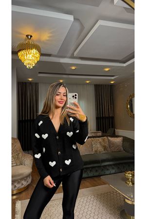 Şardonlu Kalp Desenli Hırka Siyah