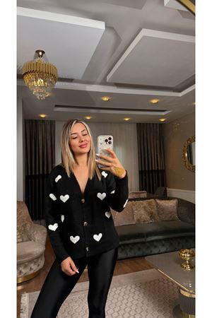 Şardonlu Kalp Desenli Hırka Siyah