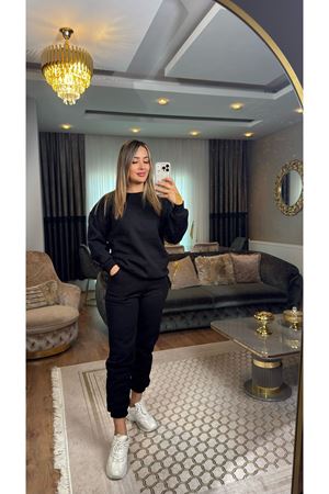 3 İplik Bisiklet Yaka Eşofman Takımı Siyah