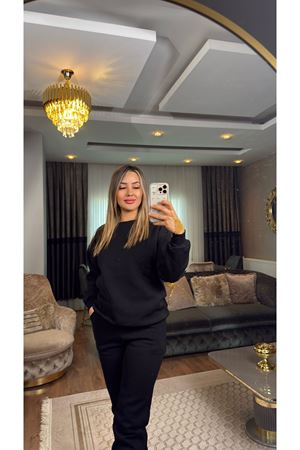 3 İplik Bisiklet Yaka Eşofman Takımı Siyah