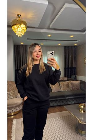 3 İplik Bisiklet Yaka Eşofman Takımı Siyah