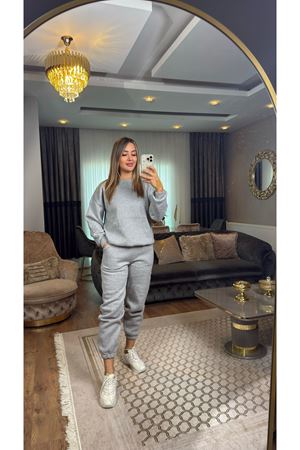 3 İplik Bisiklet Yaka Eşofman Takımı Gri