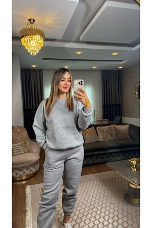 3 İplik Bisiklet Yaka Eşofman Takımı Gri