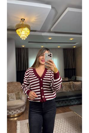 V Yaka Çizgili Hırka Bordolatte