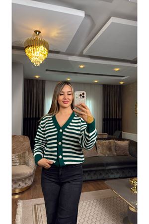 V Yaka Çizgili Hırka Neftilatte