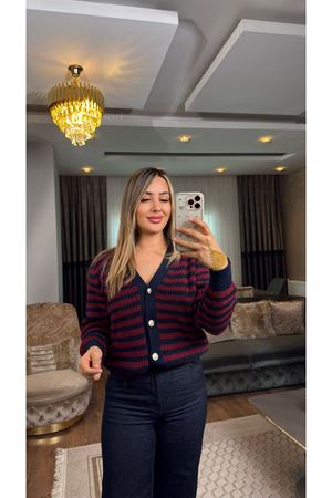 V Yaka Çizgili Hırka Lacivertbordo