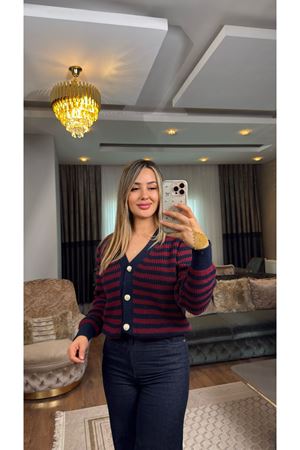 V Yaka Çizgili Hırka Lacivertbordo