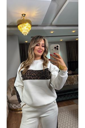 3 iplik şardonlu leopar takım-beyaz