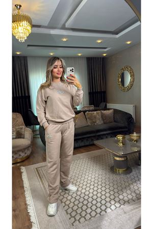 taşlı 3 iplik alo takım-bej