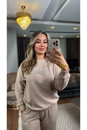 taşlı 3 iplik alo takım-bej