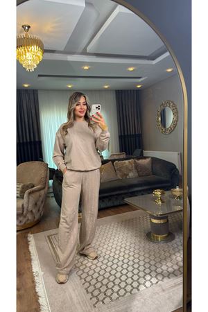 taş işlemeli 3 iplik takım-bej