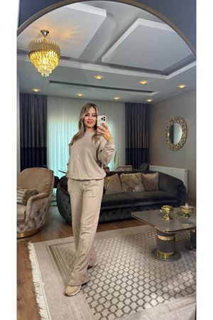 taş işlemeli 3 iplik takım-bej