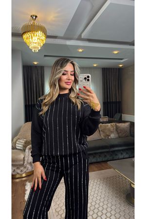 taş işlemeli 3 iplik takım-siyah