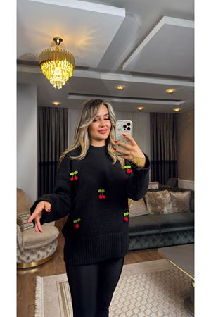 kirazlı oversize kazak-siyah