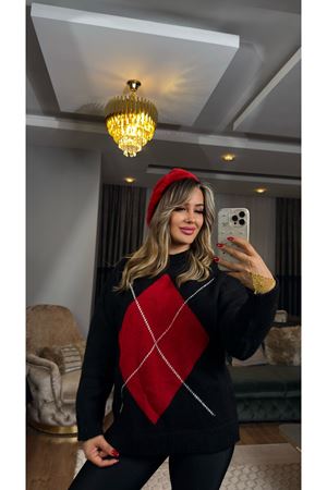 baklava desen triko kazak-siyahkırmızı