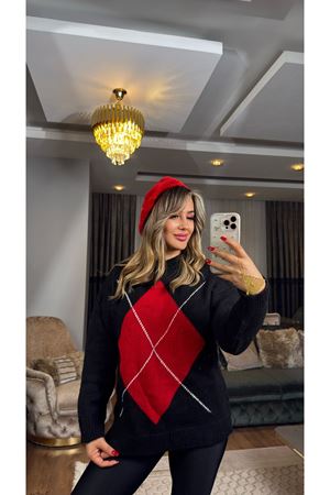 baklava desen triko kazak-siyahkırmızı