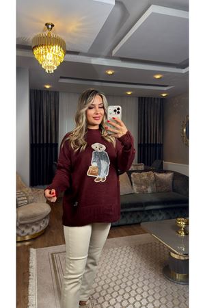 bear işlemeli triko kazak-bordo