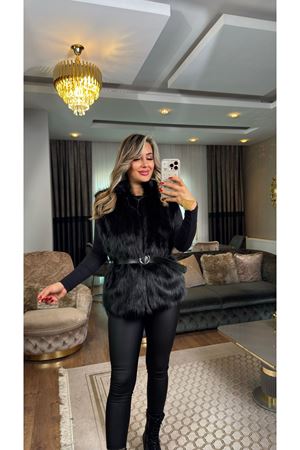deri kemer detaylı kürk yelek-siyah