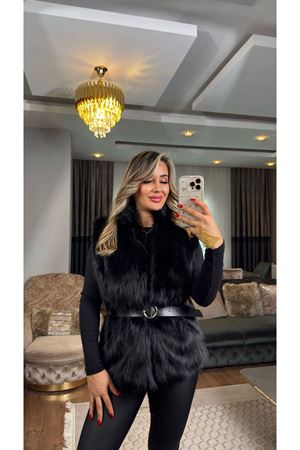 deri kemer detaylı kürk yelek-siyah