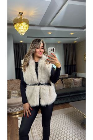 deri kemer detaylı kürk yelek-taş